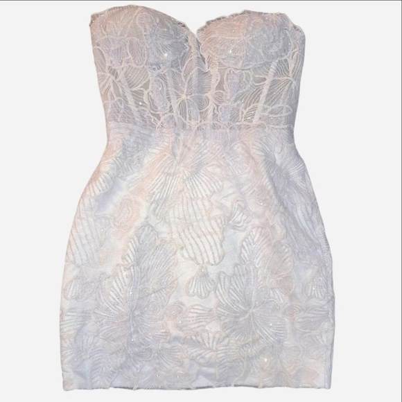 Faeriesty Dresses & Skirts - Faeriesty White Sequin Embroidered Floral Corset Mini Bodycon Dress Lace Up Back